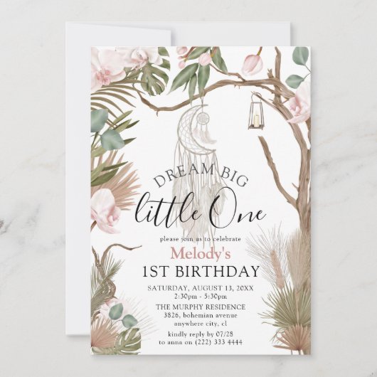 Bohemischer Traum Big Boho Botanischer 1. Geburtst Einladung (Vorderseite)