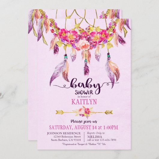 Bohemischer Traumfänger-Blumenbaby-Dusche Einladung (Vorne/Hinten)