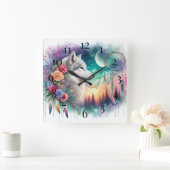 Bohemischer Wolf und Dreamcatcher Quadratische Wanduhr (Zuhause)