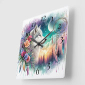 Bohemischer Wolf und Dreamcatcher Quadratische Wanduhr (Winkel)