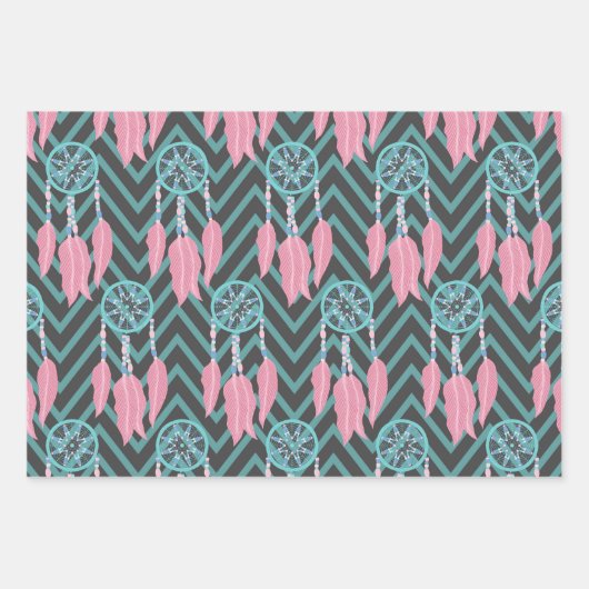 Bohemisches Aquamarines rosa Dreamcatcher Zickzack Geschenkpapier Set (Vorderseite)