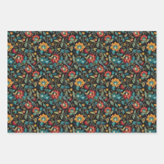 Bohemisches Blumen- und Leaf-Muster auf schwarz Geschenkpapier Set (Vorderseite 3)