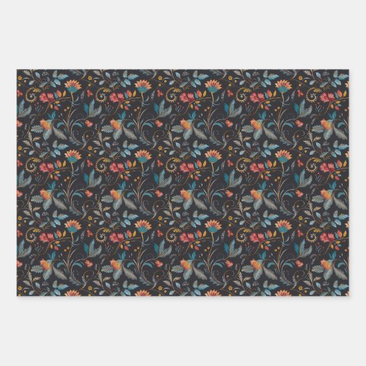 Bohemisches Blumen- und Leaf-Muster auf schwarz Geschenkpapier Set (Vorderseite 2)