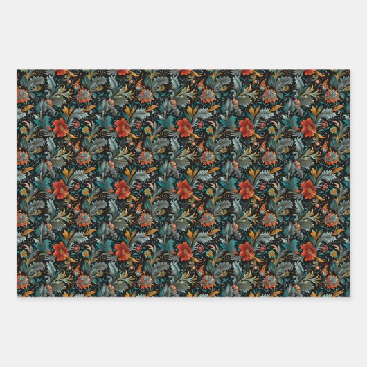 Bohemisches Blumen- und Leaf-Muster auf schwarz Geschenkpapier Set (Vorderseite)