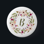 Bohemisches Blumenmuster-Monogramm Button<br><div class="desc">Bohemisch inspiriert Button-Taste mit Aquarellfarbe lila und Elfenbein-Blume mit Blattkranz. Diese individuell anpassbare Monogramm-Button-Taste ist ideal für ein personalisiertes Geschenk.</div>