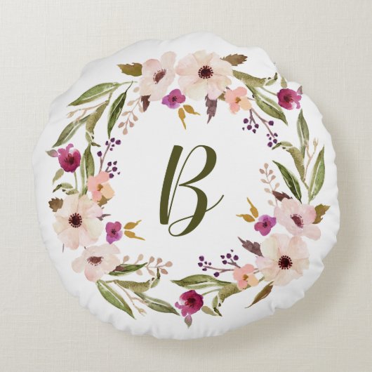 Bohemisches Blumenmuster-Monogramm Rundes Kissen (Rückseite)