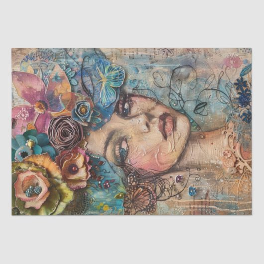 Bohemisches Blumenmuster-Portrait, Decoupage Colla Seidenpapier (Vorderseite)