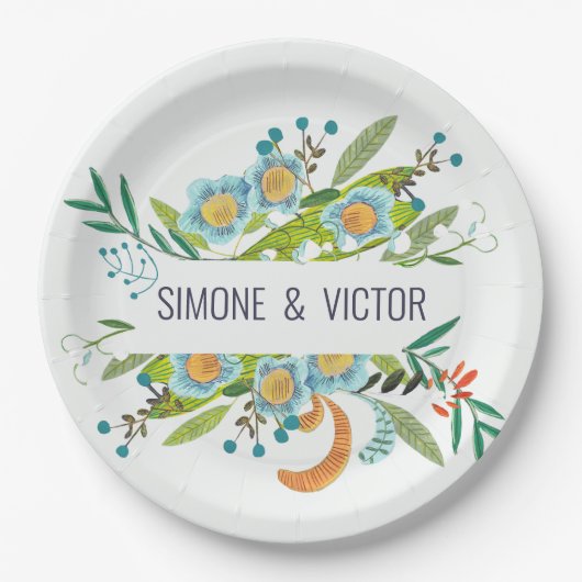 Bohemisches botanisches Grün & Blau Pappteller (Vorderseite)