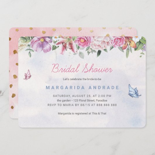 Bohemisches Brautparty Aquarell Blumenrosa Gold Einladung (Vorne/Hinten)