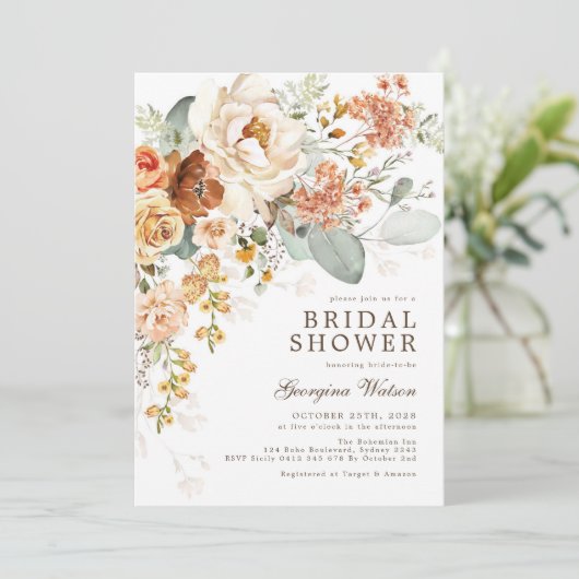 Bohemisches Burnt Orange Yellow Blume Brautparty Einladung (Stehend Vorderseite)