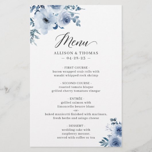 Bohemisches Dusty Blue Floral Wedding Menu (Vorderseite)