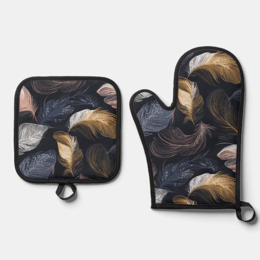 Bohemisches Federdesign Elegante Dunkle Töne Ofenhandschuh & Topflappen-Set (Vorderseite)