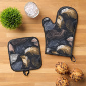 Bohemisches Federdesign Elegante Dunkle Töne Ofenhandschuh & Topflappen-Set (Oben Unten)