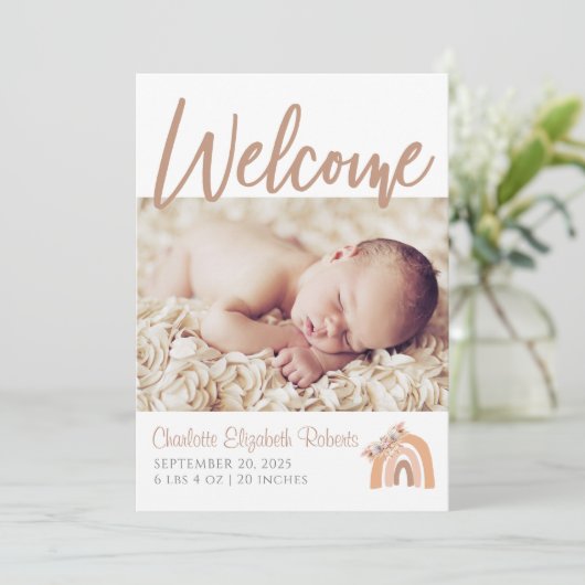 Bohemisches Foto mit Regenbogen-Blütenbogen - Gebu Einladung (Stehend Vorderseite)