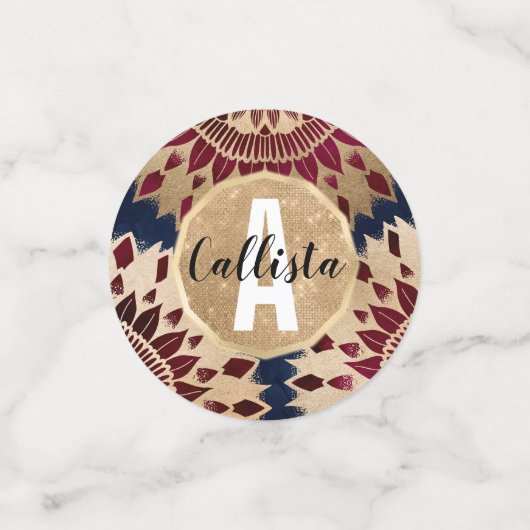 Bohemisches Gold Navy Burgundy Hand Drawn Mandala Konfetti (Klein Vorderseite)