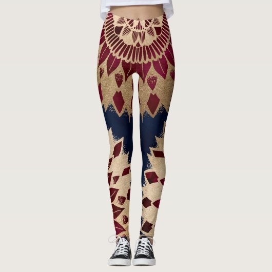Bohemisches Gold Navy Burgundy Hand Drawn Mandala Leggings (Vorderseite)