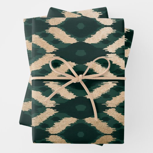 Bohemisches goldwaldgrünes Ikat-Muster Geschenkpapier Set (Beispiel)