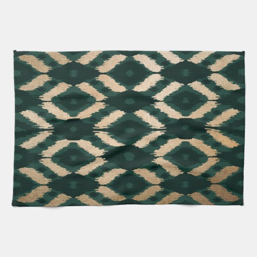Bohemisches goldwaldgrünes Ikat-Muster Geschirrtuch (Horizontal)