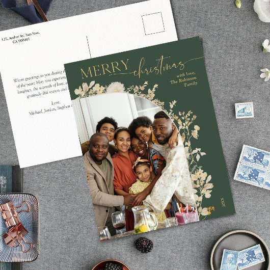 Bohemisches Green Gold Script Foto Weihnachten Postkarte