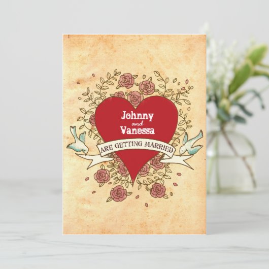 Bohemisches Herz, Rose, Vögel und Bannerhochzeit Einladung (Stehend Vorderseite)