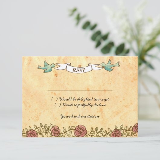 Bohemisches Herz, Rose, Vögel und Bannerhochzeit RSVP Karte (Stehend Vorderseite)