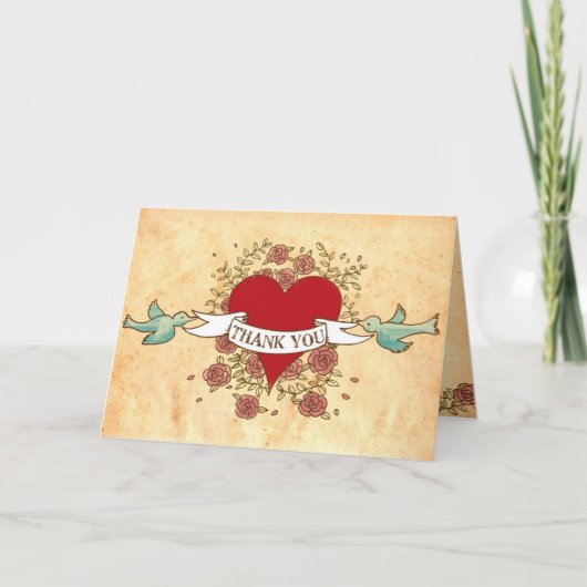 Bohemisches Herz, Rosen, Vögel u. Fahnen-Hochzeit Dankeskarte (Vorderseite)