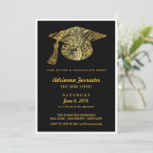 Bohemisches Muster Gold Grad Hat Graduation Party Einladung (Stehend Vorderseite)
