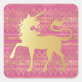 Bohemisches Muster und Einhorn aus Gold und Rosa Quadratischer Aufkleber