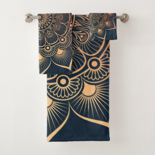Bohemisches Navy Blue Peach Mandala Badetuch Set