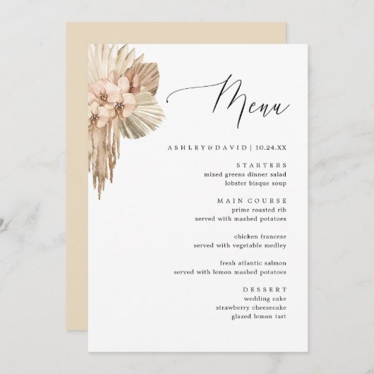 Bohemisches Pampas Grass Hochzeit im Herbst Dinner Menükarte (Vorne/Hinten)