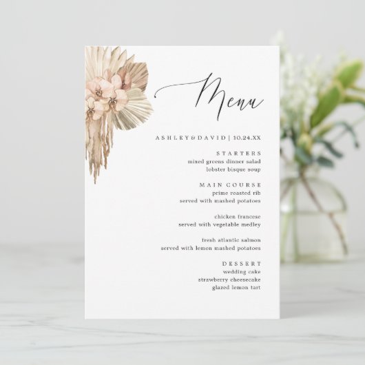 Bohemisches Pampas Grass Hochzeit im Herbst Dinner Menükarte (Stehend Vorderseite)