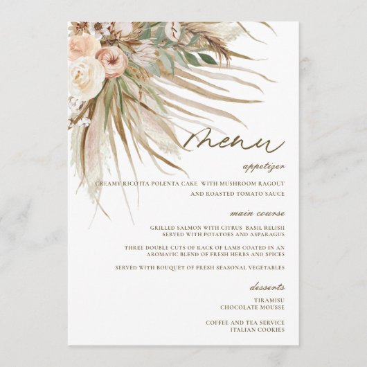 Bohemisches Pampas Grass Wedding Brautparty Menü Programm (Vorderseite)