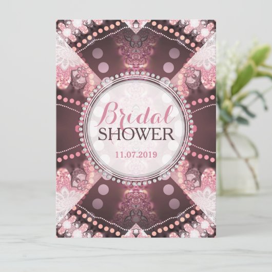 Bohemisches Patchwork Rosa Brautparty lädt ein Einladung (Stehend Vorderseite)