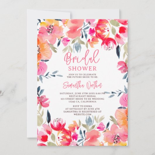 Bohemisches rosa Aquarellfarben-Blume Brautparty Einladung (Vorderseite)