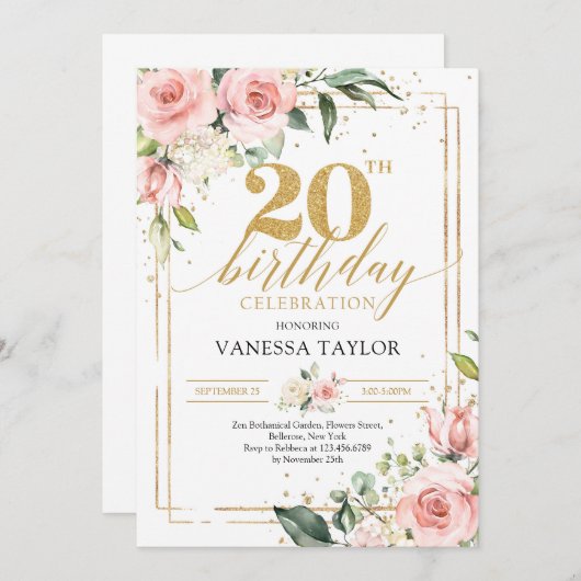 Bohemisches Rosa Blumengold 20 Geburtstag Einladung (Vorne/Hinten)