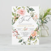 Bohemisches Rosa florales Boho es ist ein Mädchen Einladung (Stehend Vorderseite)