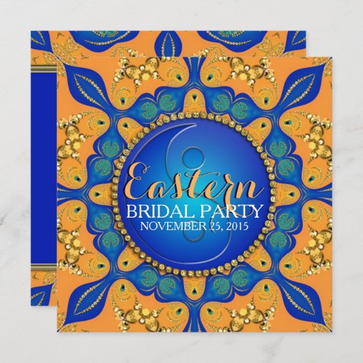 Bohemisches Royal Blue Gold Orange Brautparty Einladung (Vorne/Hinten)
