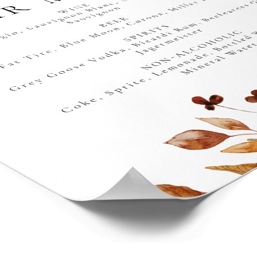 Bohemisches Terracotta Fall Floral Bar Menu Poster (Ecke)