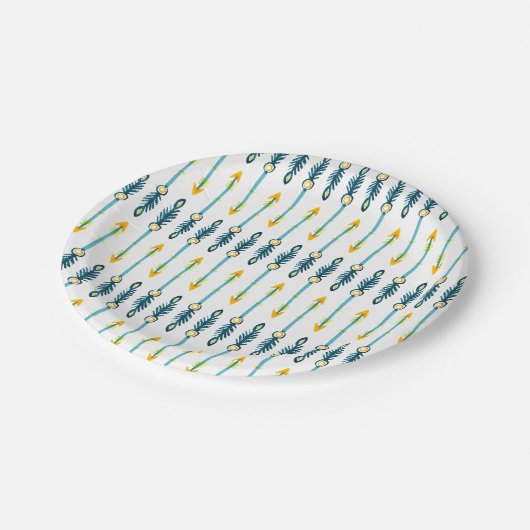 bohenhafte, gelb-blaue Aquarellpfeile Teller (Schrägansicht)
