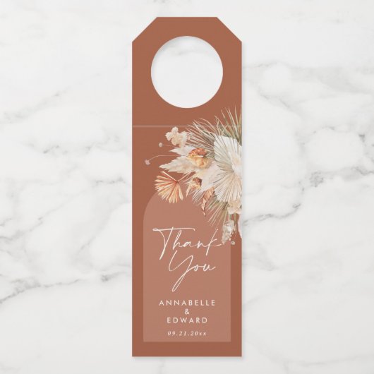 Bohenian boho Rost Terracotta Hochzeit danke Flaschenanhänger (Vorderseite)