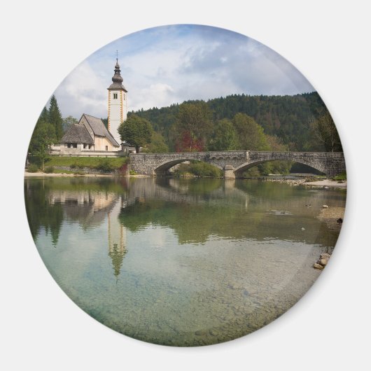 Bohinj See mit Kirche in Slowenien runder Magnet (Vorne)