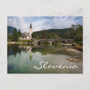 Bohinj See mit Kirche in Slowenien Text Postkarte
