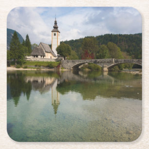 Bohinj See mit Kirche in Slowenien-Untersetzer Rechteckiger Pappuntersetzer