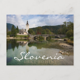 Bohinj See mit Kirche, Slowenien Doppeltextkarte Postkarte