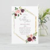 Böhmisch-Bordeaux Blütenhochzeit Einladung (Stehend Vorderseite)