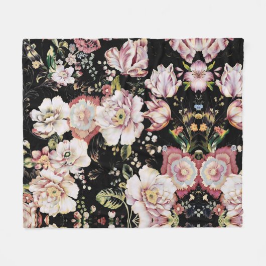 Böhmisch-Chic Rosa Blume dunkelblütig Fleecedecke (Vorderseite (Horizontal))