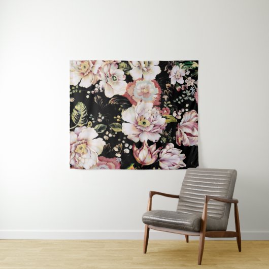 Böhmisch-Chic Rosa Blume dunkelblütig Wandteppich (Beispiel (Horizontal))