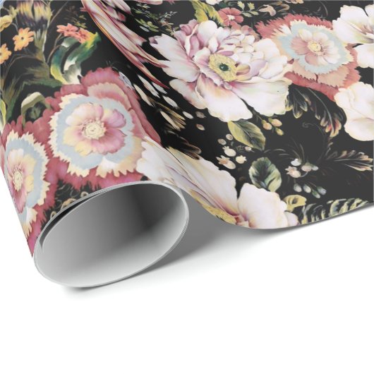 böhmisch-französisch-schicke schwarze Blüte Geschenkpapier (Rolleneckpunkt)
