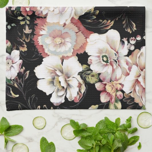 böhmisch-französisch-schicke schwarze Blüte Geschirrtuch (Gefaltet)