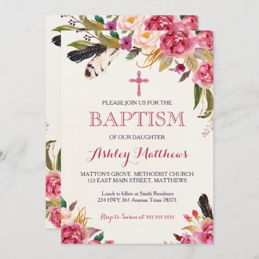 böhmische Feder Blumen-TAUFE Einladung (Vorne/Hinten)